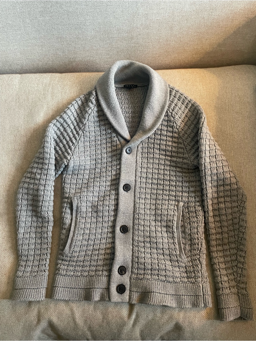 Theory Gray 100% Merino Wool Heavy Cableknit Cardigan, Cowl Neck, Xs